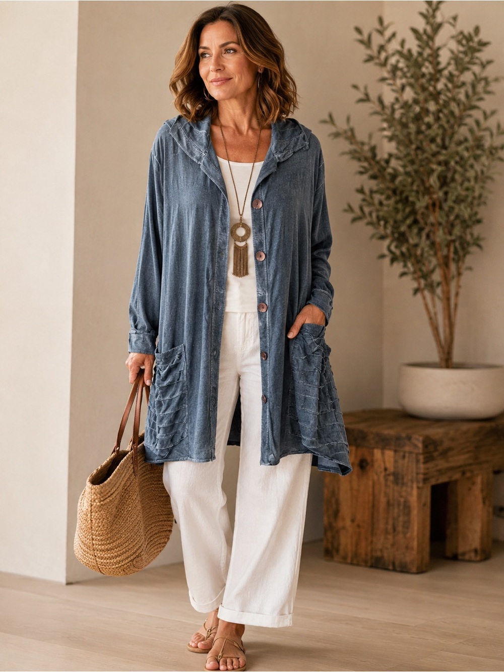 Parsley & Sage Blue Garment Dyed Longline Lagenlook Button Front Cardigan